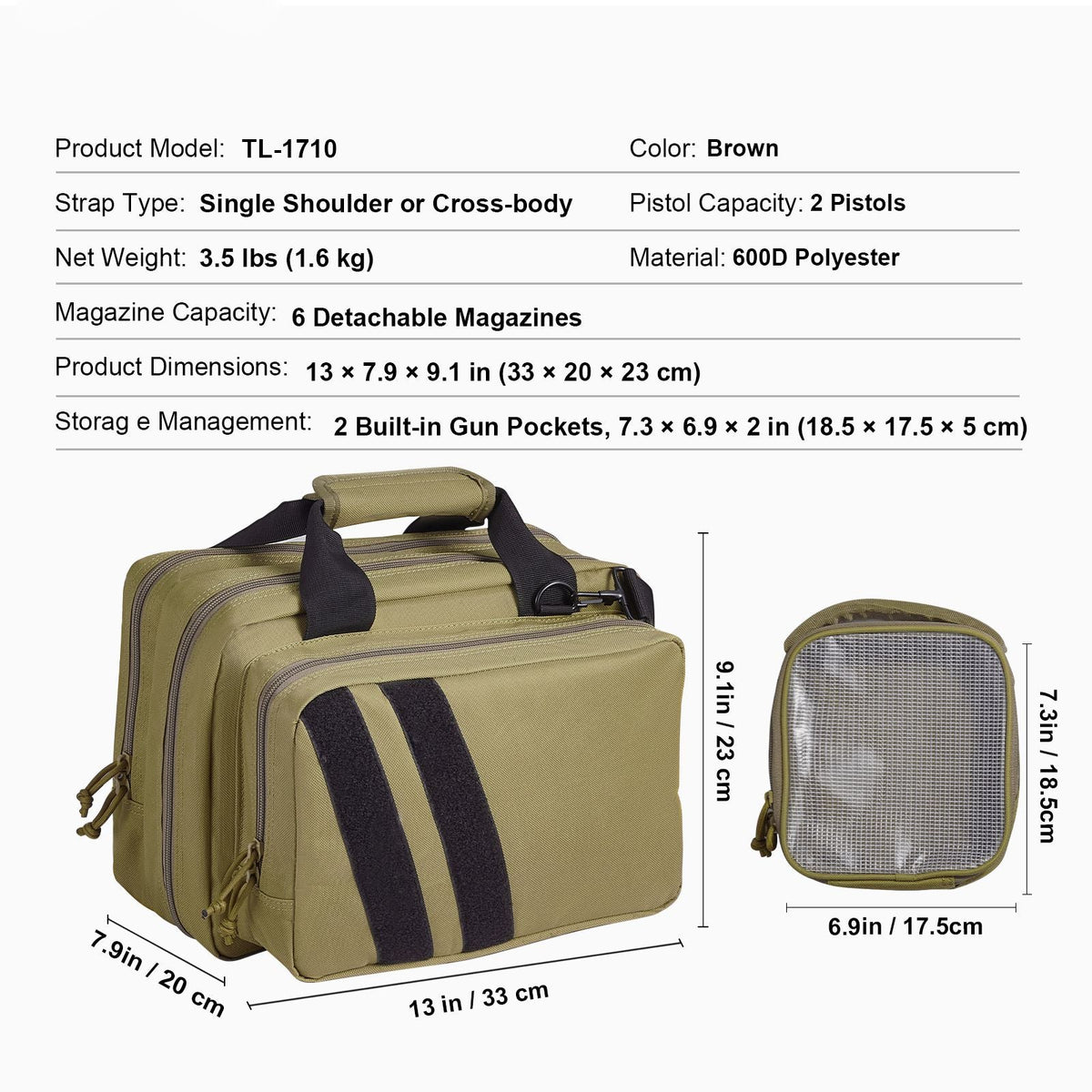 Range Bag for 2 Pistols, Tactical Gun Bag with 2 Built-in Removable Pistol Bags & 6 Detachable Magazines, Gun Range Bag for Outdoor Hunting Shooting, Lockable Carrying Handgun Bag Case, Brown