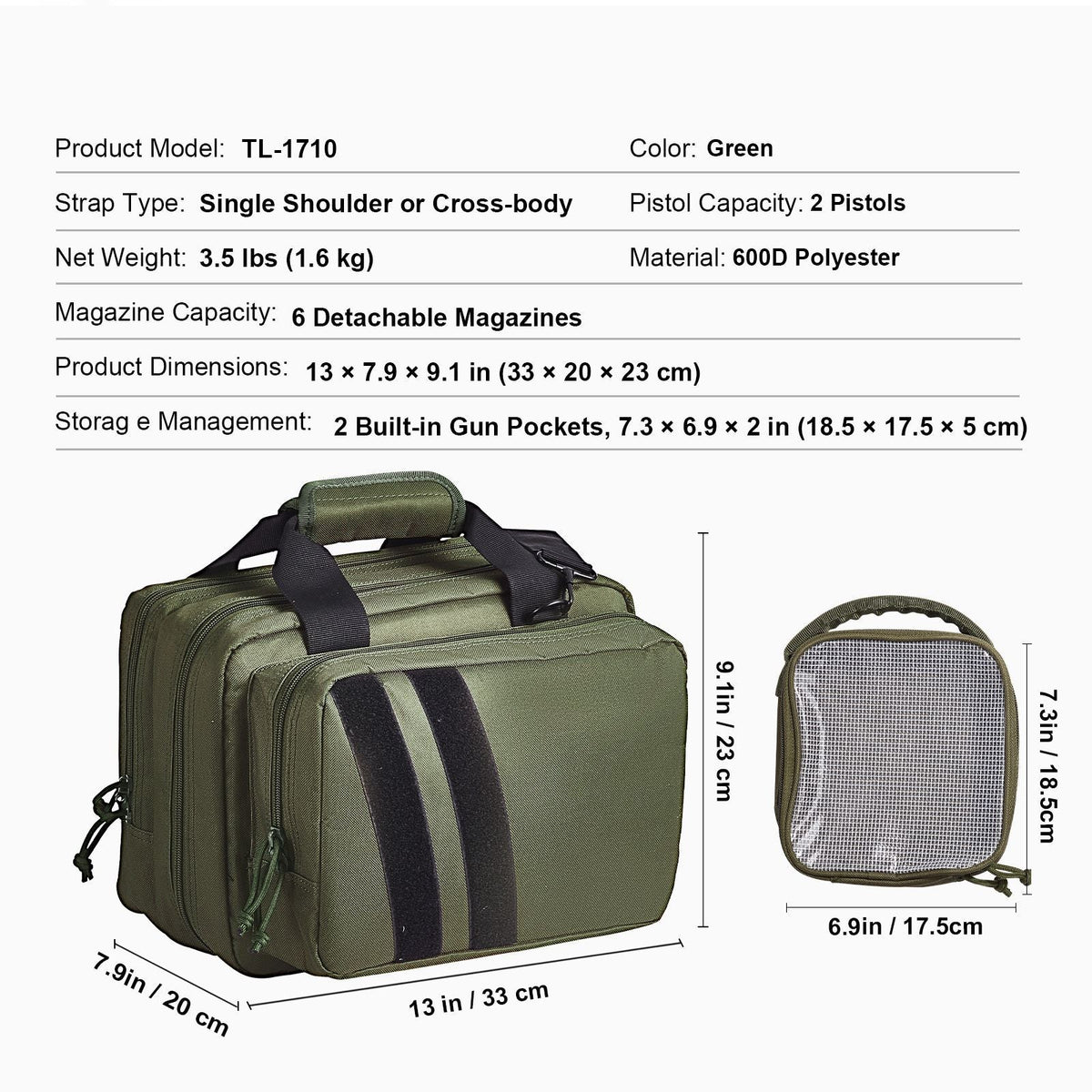 Range Bag for 2 Pistols, Tactical Gun Bag with 2 Built-in Removable Pistol Bags & 6 Detachable Magazines, Gun Range Bag for Outdoor Hunting Shooting, Lockable Carrying Handgun Bag Case, Green
