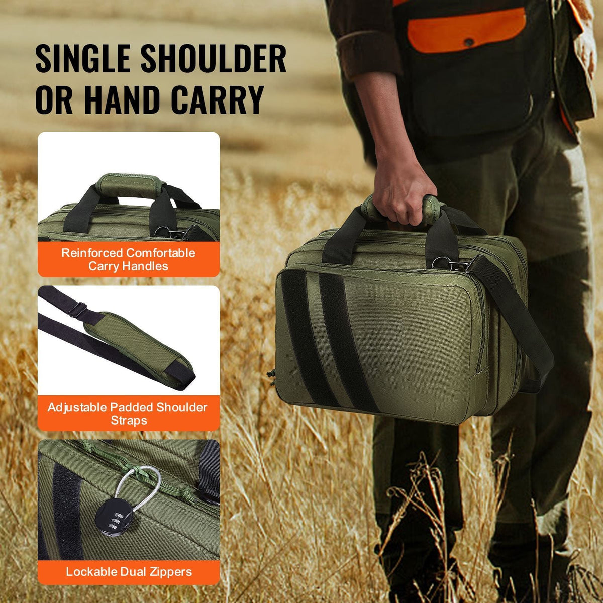 Range Bag for 2 Pistols, Tactical Gun Bag with 2 Built-in Removable Pistol Bags & 6 Detachable Magazines, Gun Range Bag for Outdoor Hunting Shooting, Lockable Carrying Handgun Bag Case, Green