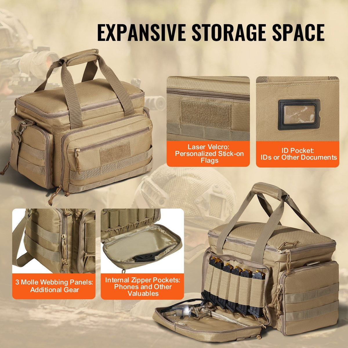Range Bag for 4 Pistols, Tactical Gun Range Bag with 3 Detachable Baffles & 6 Magazines, Firearm Shooting Handgun Bag for Outdoor Hunting Shooting Pistol Bag with Single Shoulder Strip, Brown