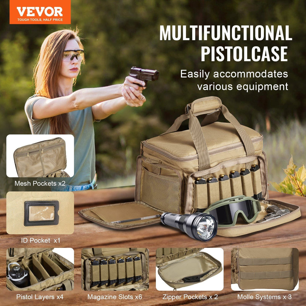 Range Bag for 4 Pistols, Tactical Gun Range Bag with 3 Detachable Baffles & 6 Magazines, Firearm Shooting Handgun Bag for Outdoor Hunting Shooting Pistol Bag with Single Shoulder Strip, Brown