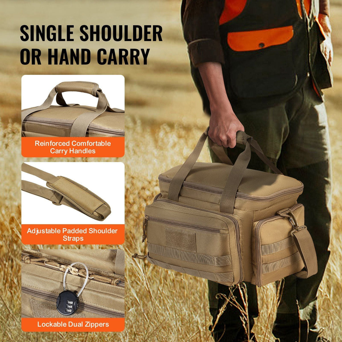 Range Bag for 4 Pistols, Tactical Gun Range Bag with 3 Detachable Baffles & 6 Magazines, Firearm Shooting Handgun Bag for Outdoor Hunting Shooting Pistol Bag with Single Shoulder Strip, Brown
