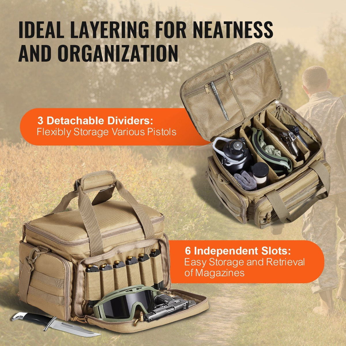 Range Bag for 4 Pistols, Tactical Gun Range Bag with 3 Detachable Baffles & 6 Magazines, Firearm Shooting Handgun Bag for Outdoor Hunting Shooting Pistol Bag with Single Shoulder Strip, Brown
