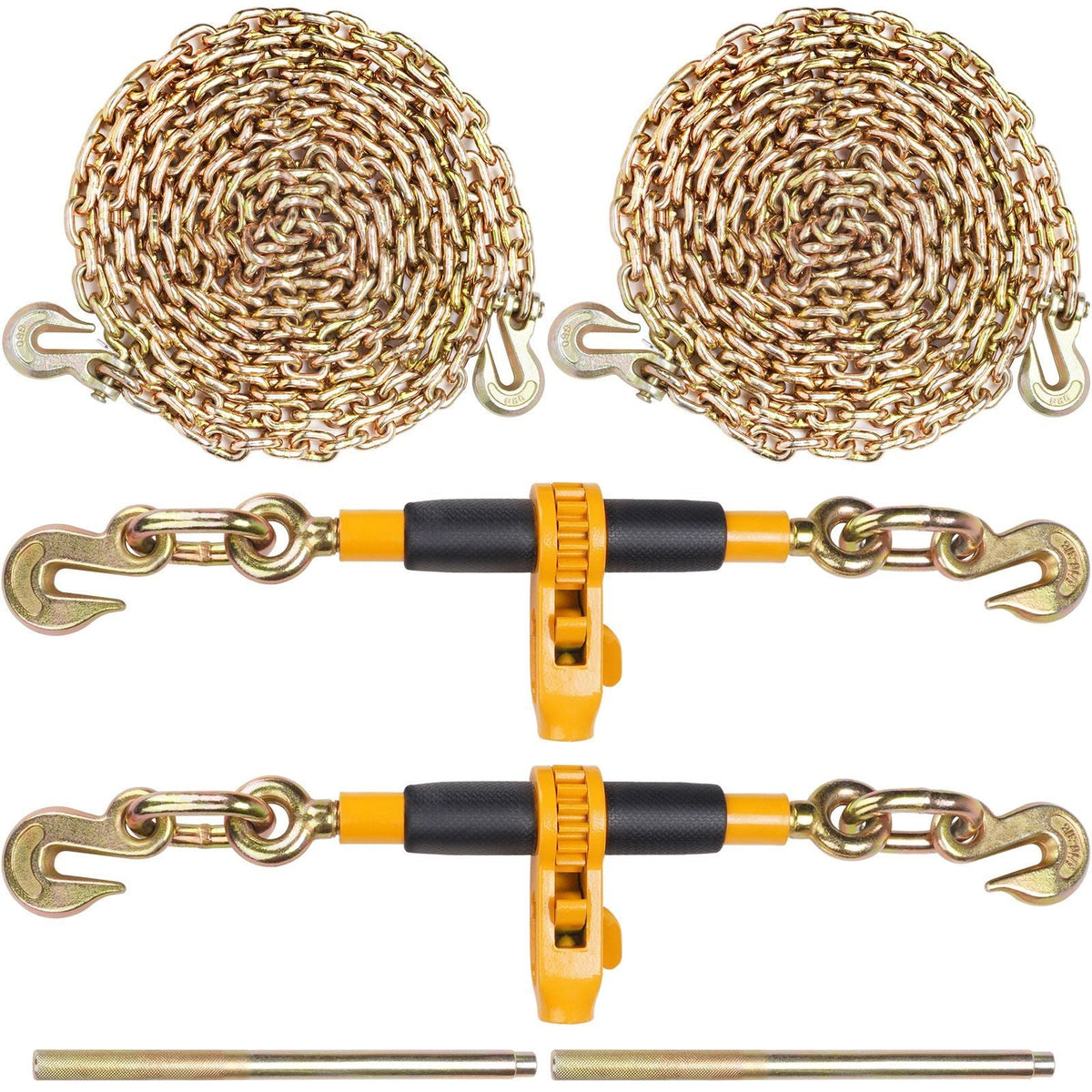 Ratchet Chain Binder 2PCS, 3/8"-1/2" Heavy Duty Load Binders, with G80 Chains 12000 lbs Secure Load Limit, Labor-saving Anti-skid Handle, Tie Down Hauling Chain Binders for Flatbed Truck Trailer