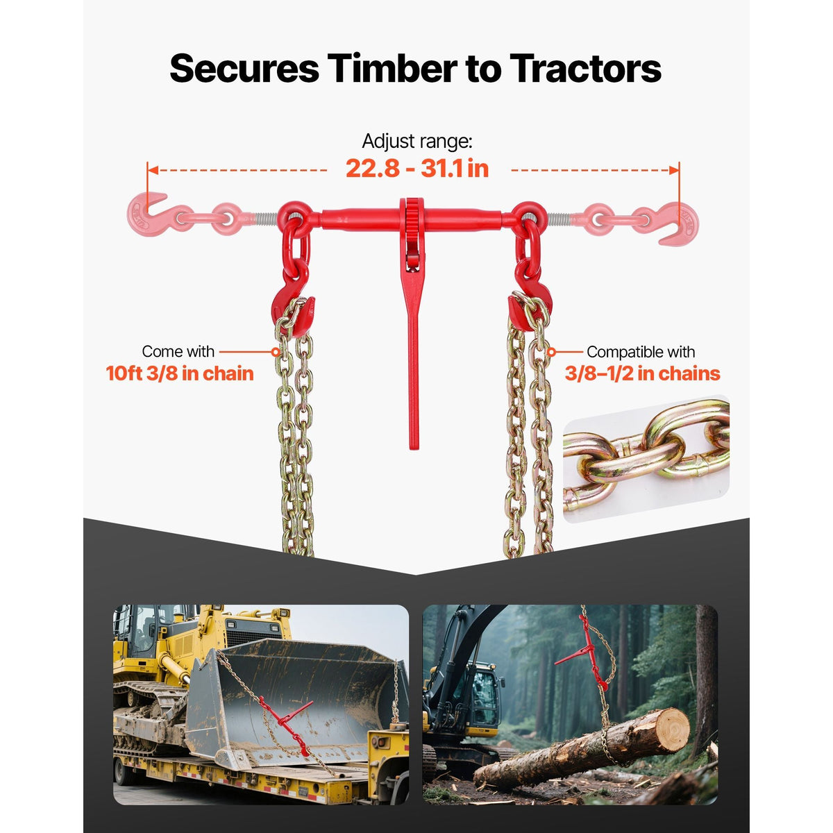 Ratchet Chain Binder, 3/8 in x 10 ft G80 Chains, 9200 lbs Working Load of Ratchet Load Binder, Chains and Binders Set, Tie Down Hauling Chain Binders for Hauling, Towing, Logging, Lifting
