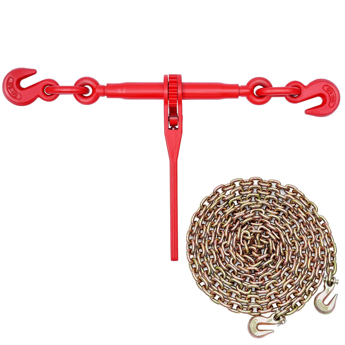 Ratchet Chain Binder, 3/8 in x 10 ft G80 Chains, 9200 lbs Working Load of Ratchet Load Binder, Chains and Binders Set, Tie Down Hauling Chain Binders for Hauling, Towing, Logging, Lifting