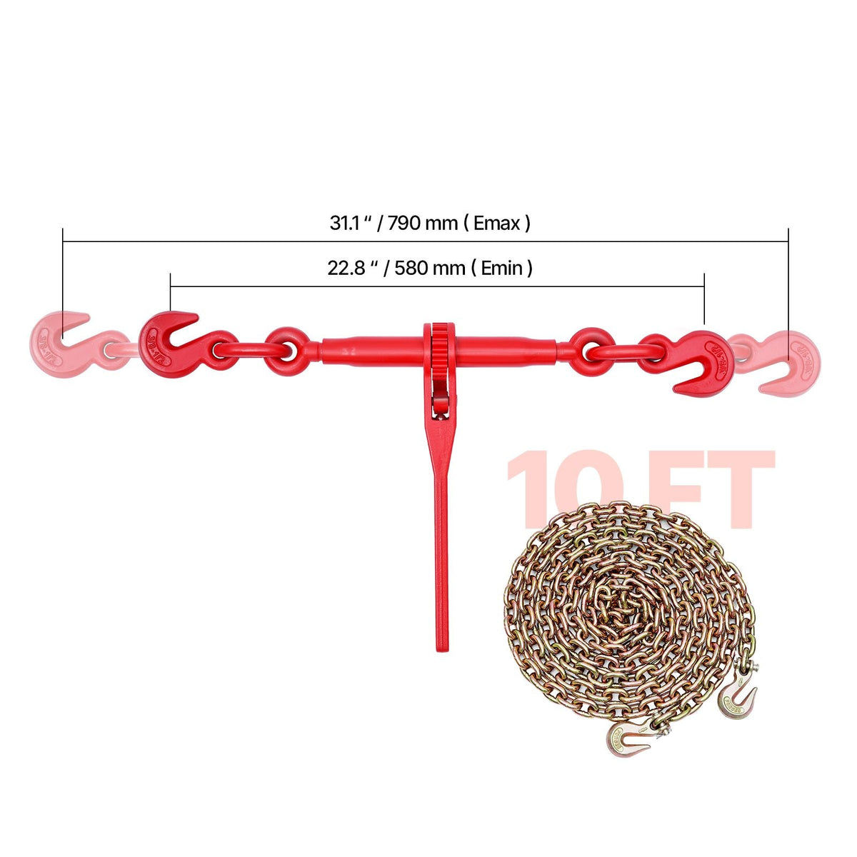 Ratchet Chain Binder, 3/8 in x 10 ft G80 Chains, 9200 lbs Working Load of Ratchet Load Binder, Chains and Binders Set, Tie Down Hauling Chain Binders for Hauling, Towing, Logging, Lifting