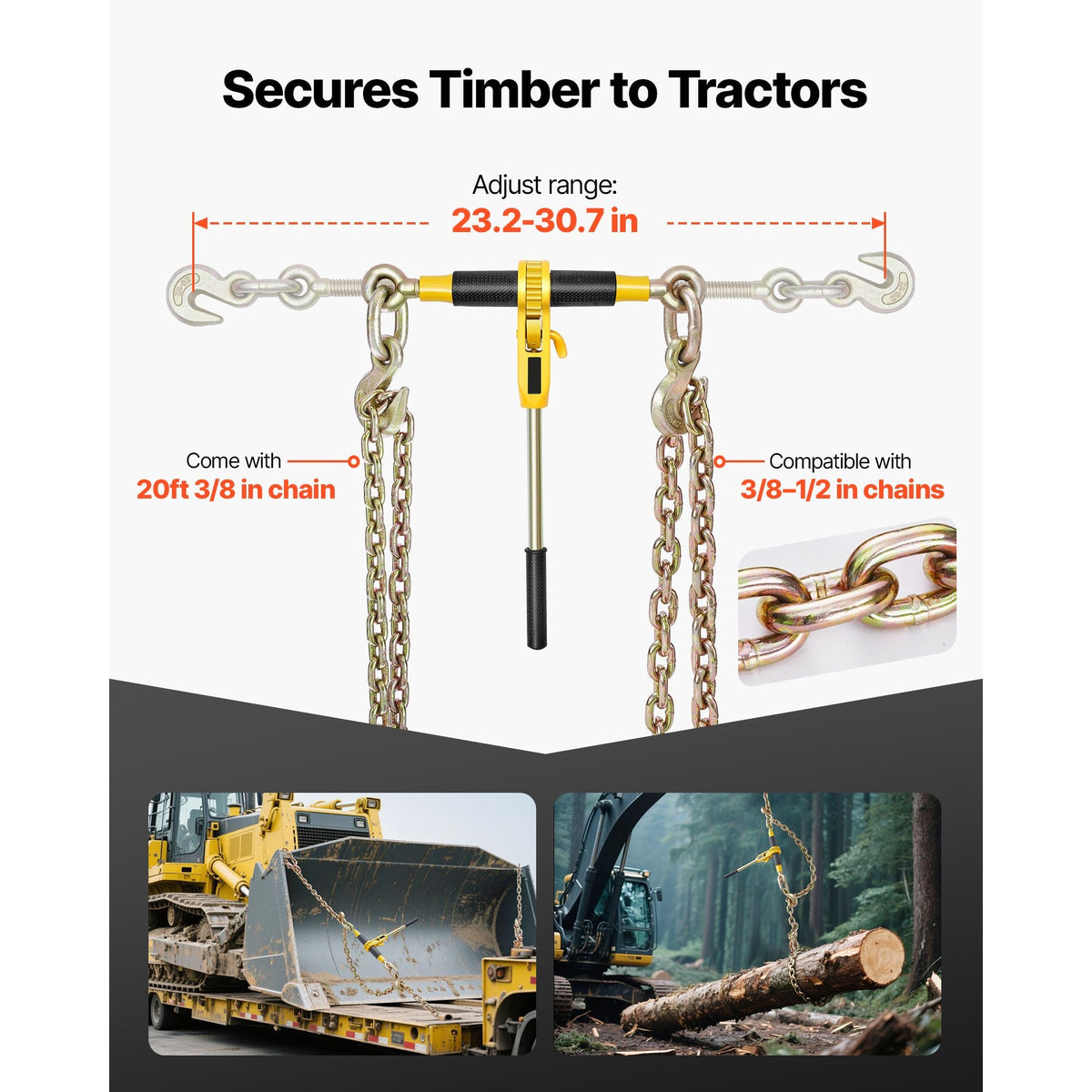 Ratchet Chain Binder, 3/8 in x 20 ft G80 Chains, 9200 lbs Working Load of Ratchet Load Binder, Chains and Binders Set, Tie Down Hauling Chain Binders for Hauling, Towing, Logging, Lifting