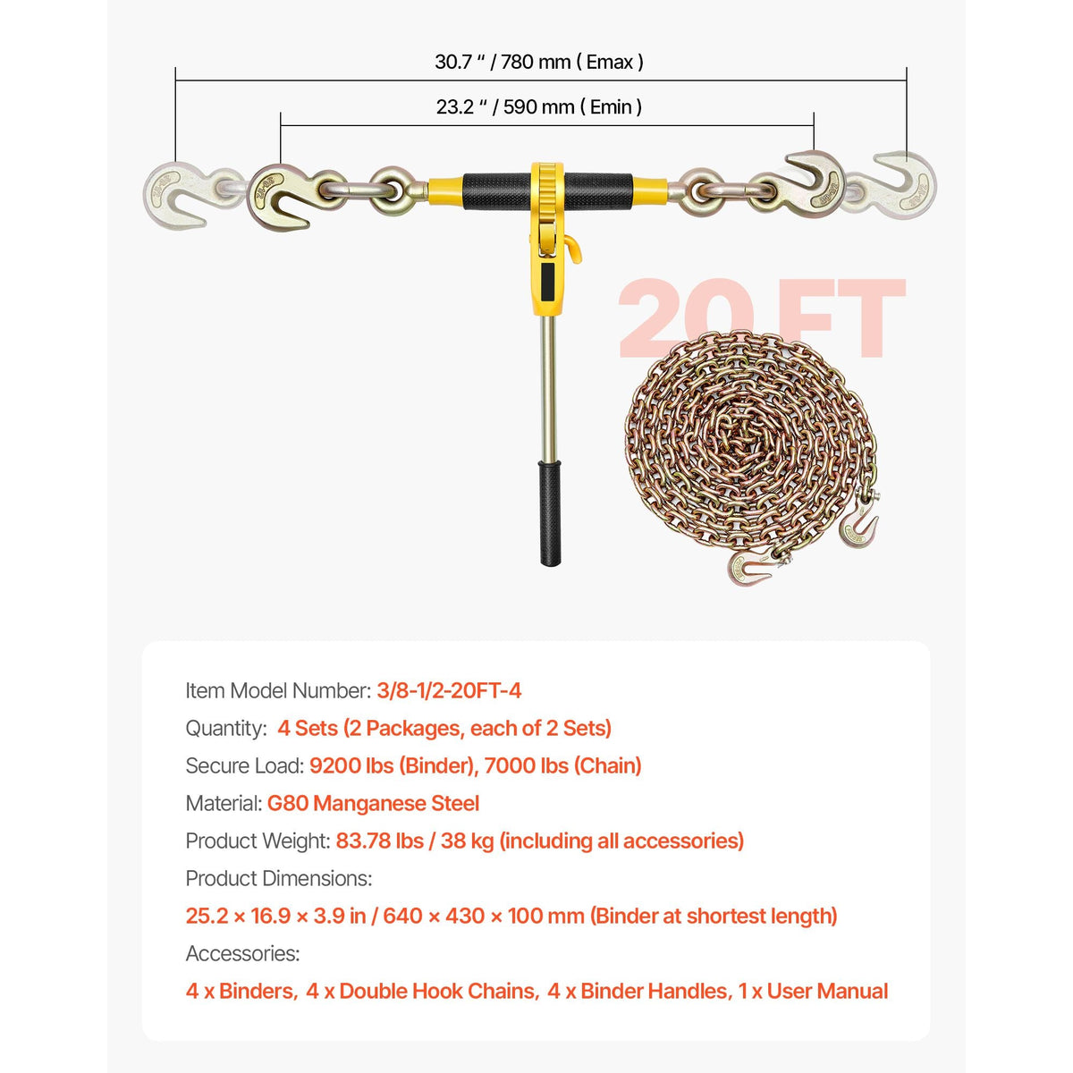 Ratchet Chain Binder, 3/8 in x 20 ft G80 Chains, 9200 lbs Working Load of Ratchet Load Binder, Chains and Binders Set, Tie Down Hauling Chain Binders for Hauling, Towing, Logging, Lifting