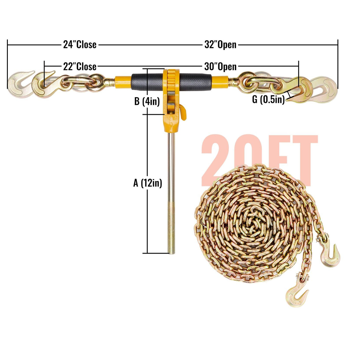 Ratchet Chain Binder, 5/16"-3/8" Heavy Duty Load Binders with G80 Chains, 7100 lbs Secure Load Limit, Labor-saving Anti-skid Handle, Tie Down Hauling Chain Binders for Flatbed Truck Trailer, 2 P