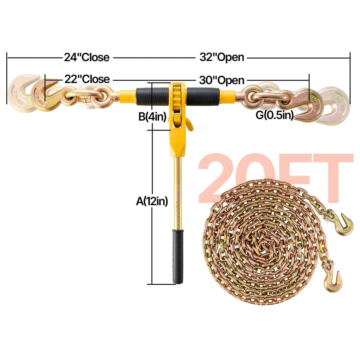 Ratchet Chain Binder, 5/16"-3/8" Heavy Duty Load Binders, with G80 Chains 7100 lbs Secure Load Limit, Labor-saving Anti-skid Handle, Tie Down Hauling Chain Binders for Flatbed Truck Trailer, 4 P