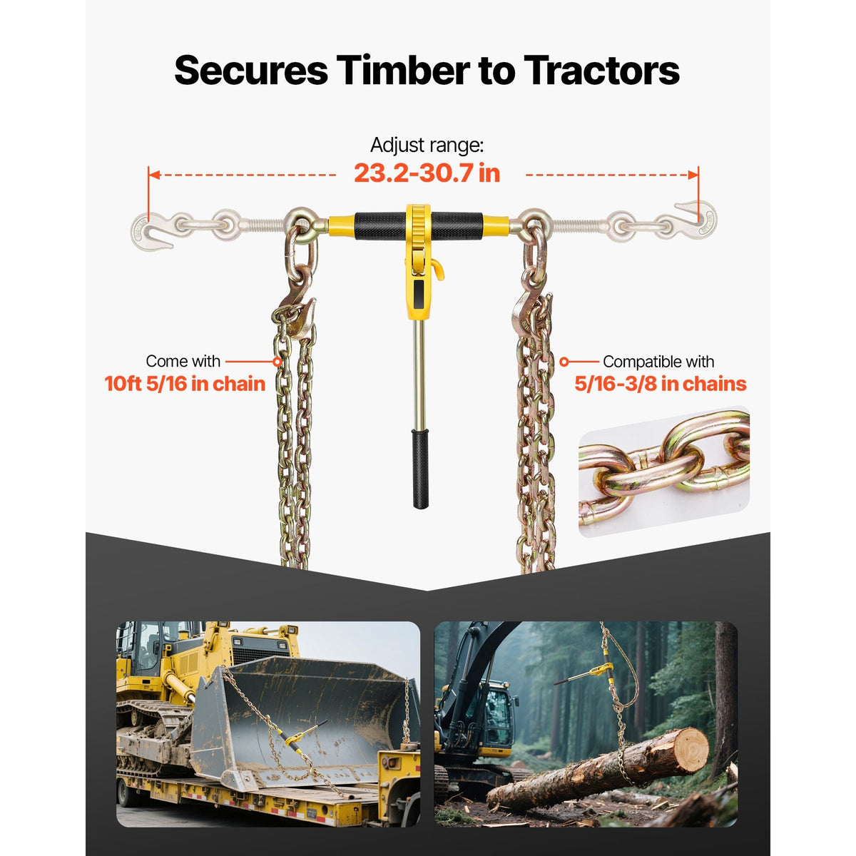 Ratchet Chain Binder, 5/16 in x 10 ft G80 Chains, 8000 lbs Working Load of Ratchet Load Binder, Chains and Binders Set, Tie Down Hauling Chain Binders for Hauling, Towing, Logging, Lifting