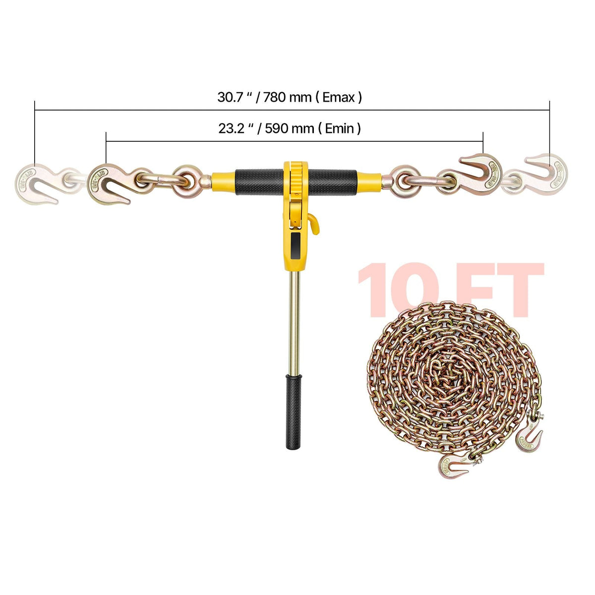 Ratchet Chain Binder, 5/16 in x 10 ft G80 Chains, 8000 lbs Working Load of Ratchet Load Binder, Chains and Binders Set, Tie Down Hauling Chain Binders for Hauling, Towing, Logging, Lifting
