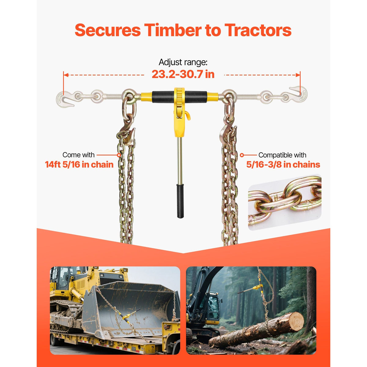 Ratchet Chain Binder, 5/16 in x 12.8 ft G80 Chains, 8000 lbs Working Load of Ratchet Load Binder, Chains and Binders Set, Tie Down Hauling Chain Binders for Hauling, Towing, Logging (2 Sets)