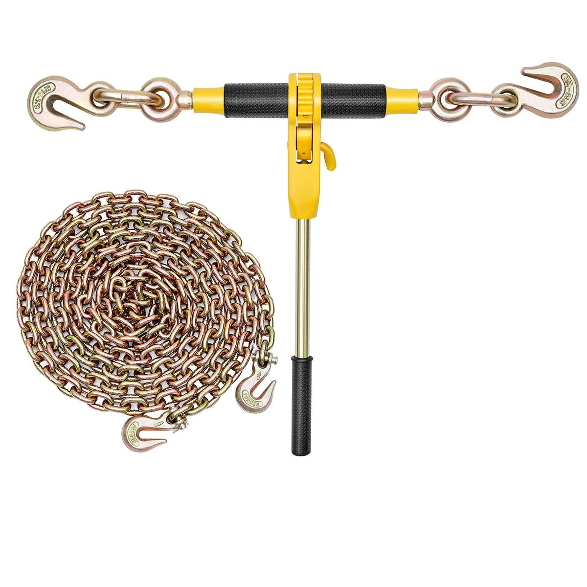 Ratchet Chain Binder, 5/16 in x 12.8 ft G80 Chains, 8000 lbs Working Load of Ratchet Load Binder, Chains and Binders Set, Tie Down Hauling Chain Binders for Hauling, Towing, Logging (4 Sets)