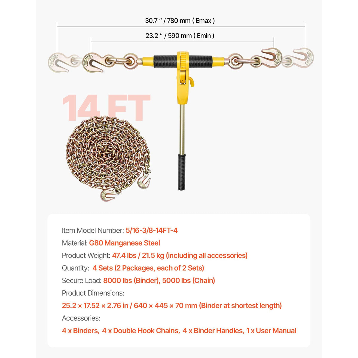 Ratchet Chain Binder, 5/16 in x 12.8 ft G80 Chains, 8000 lbs Working Load of Ratchet Load Binder, Chains and Binders Set, Tie Down Hauling Chain Binders for Hauling, Towing, Logging (4 Sets)