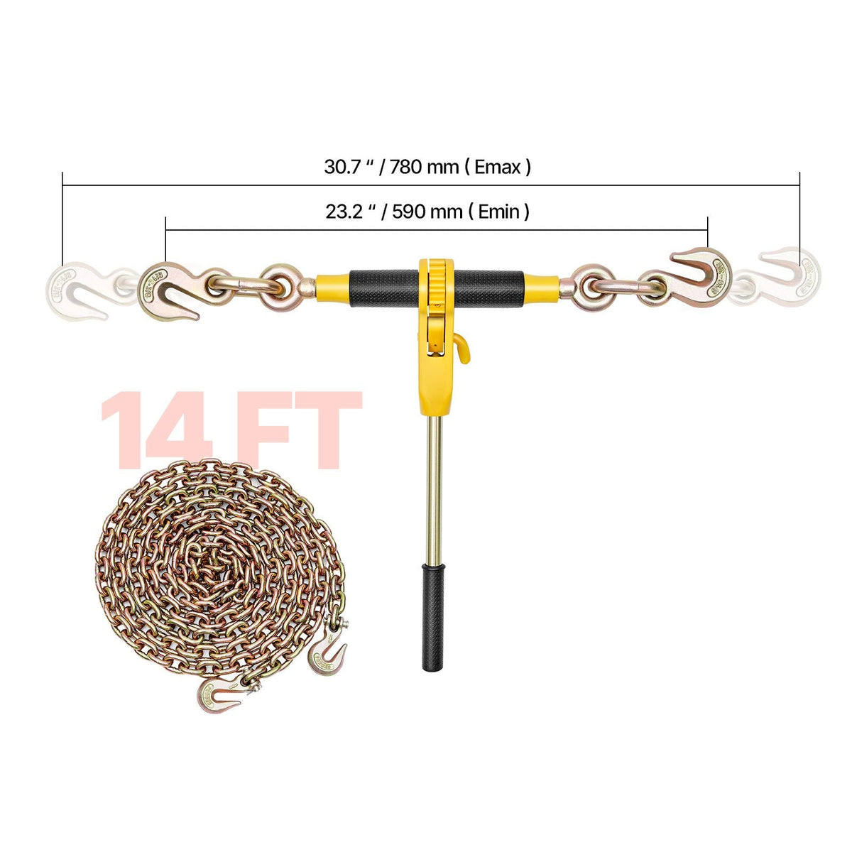 Ratchet Chain Binder, 5/16 in x 12.8 ft G80 Chains, 8000 lbs Working Load of Ratchet Load Binder, Chains and Binders Set, Tie Down Hauling Chain Binders for Hauling, Towing, Logging (4 Sets)