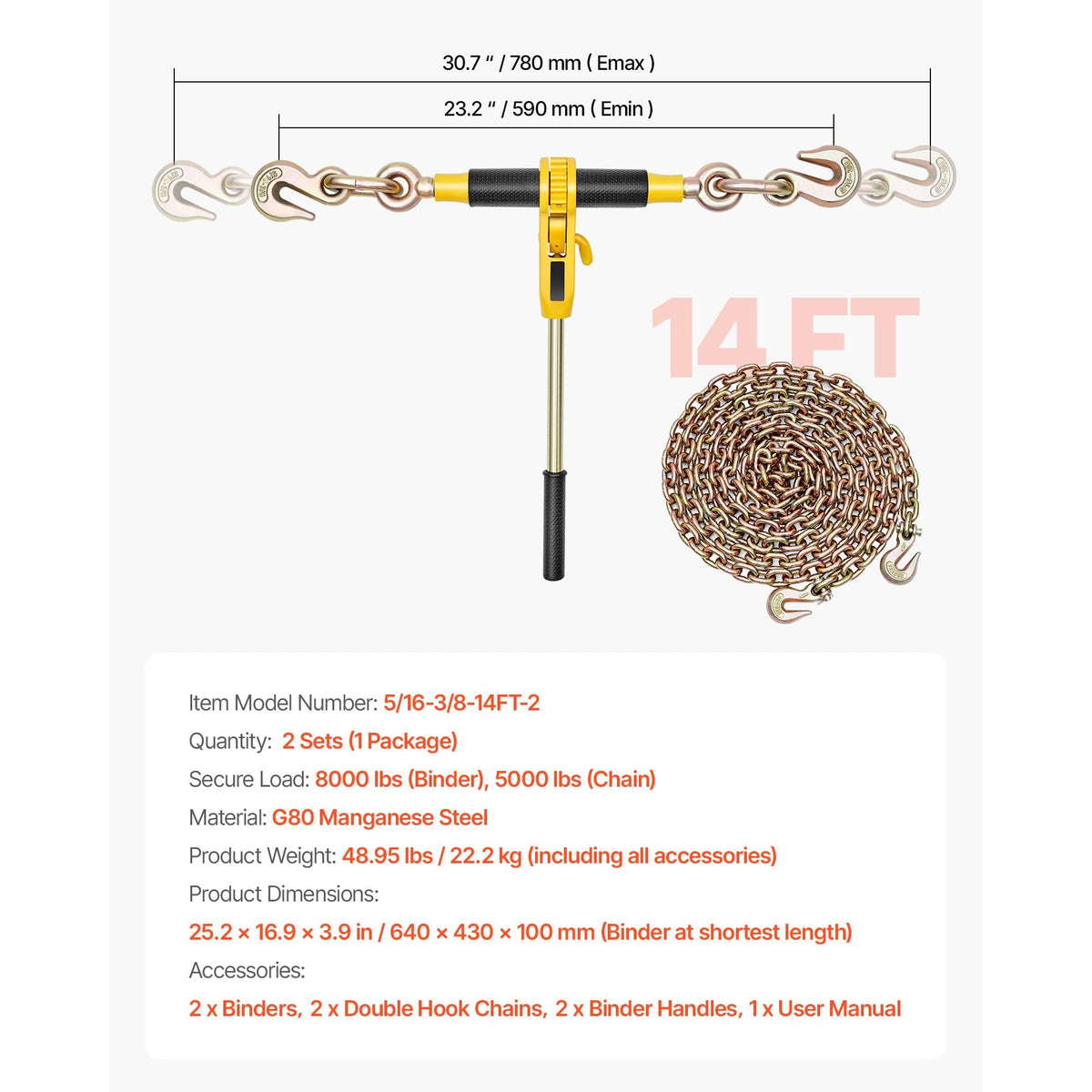 Ratchet Chain Binder, 5/16 in x 14 ft G80 Chains, 8000 lbs Working Load of Ratchet Load Binder, Chains and Binders Set, Tie Down Hauling Chain Binders for Hauling, Towing, Logging (2 Sets)