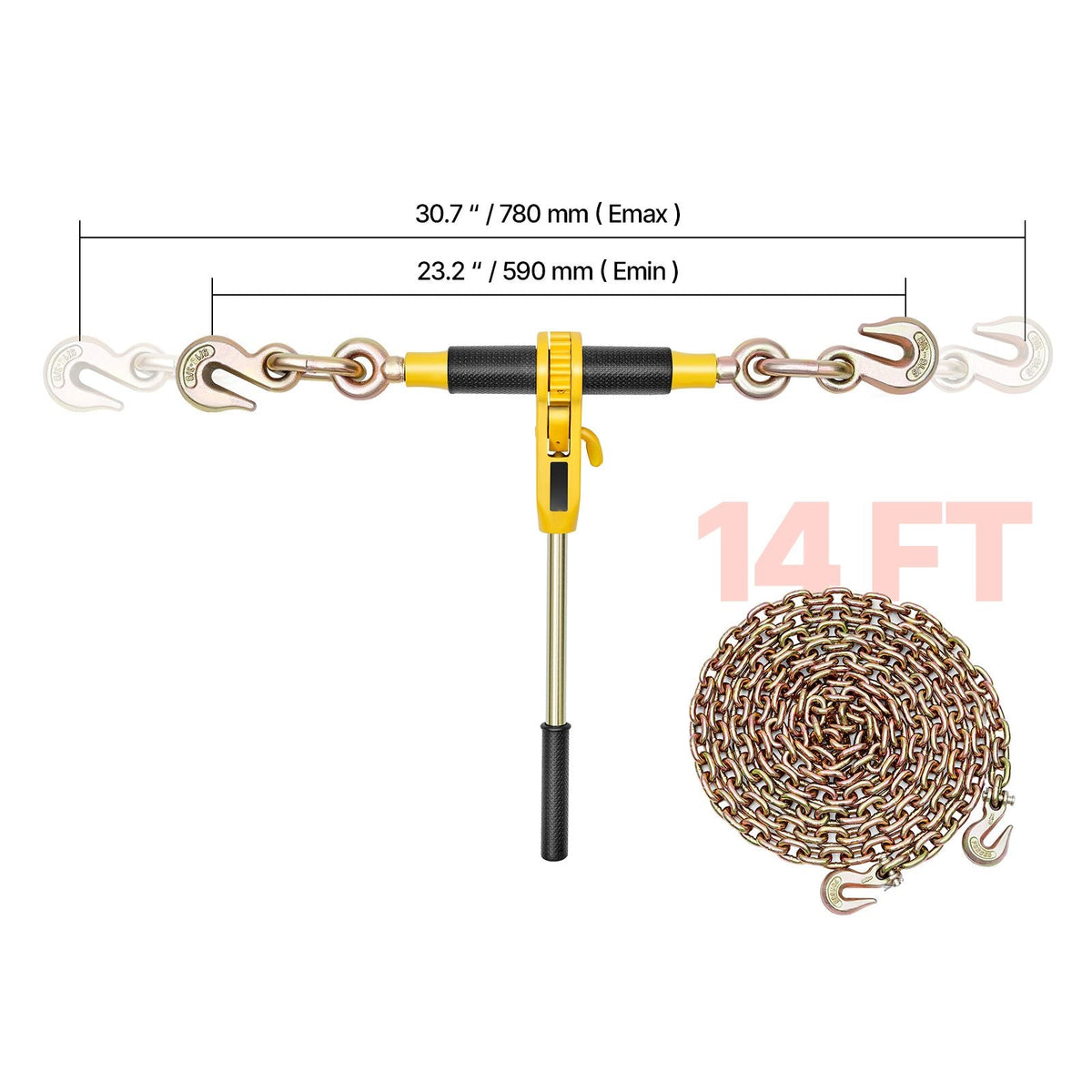 Ratchet Chain Binder, 5/16 in x 14 ft G80 Chains, 8000 lbs Working Load of Ratchet Load Binder, Chains and Binders Set, Tie Down Hauling Chain Binders for Hauling, Towing, Logging (2 Sets)