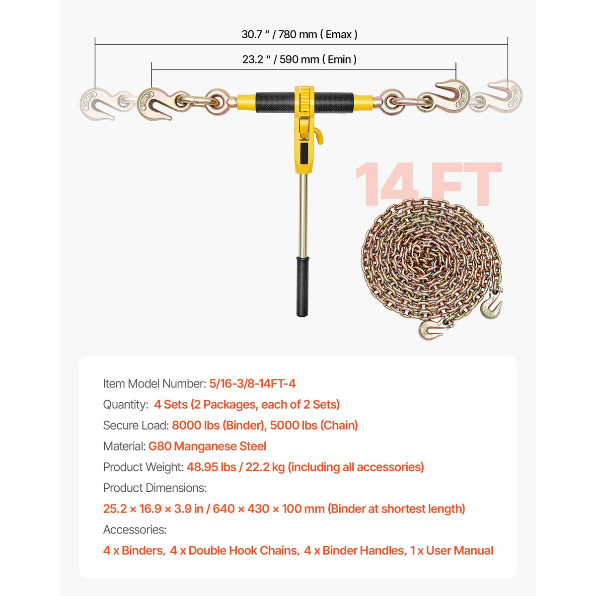 Ratchet Chain Binder, 5/16 in x 14 ft G80 Chains, 8000 lbs Working Load of Ratchet Load Binder, Chains and Binders Set, Tie Down Hauling Chain Binders for Hauling, Towing, Logging (4 Sets)