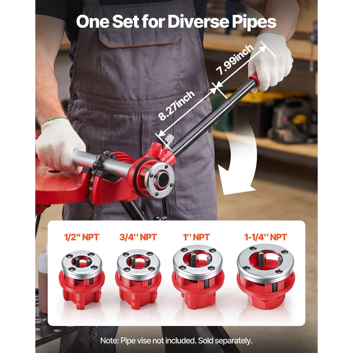 Ratchet Pipe Threader Kit with 4 Dies, 1/2" NPT, 3/4" NPT, 1" NPT, 1-1/4" NPT Manual Ratcheting Pipe Threading Tool, Portable Pipes Threader Set with Toolbox for Plumbing Installation & Repair