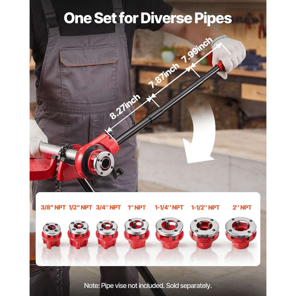 Ratchet Pipe Threader Kit with 7 Dies, 3/8" NPT to 2" NPT Manual Ratcheting Pipe Threading Tool, Portable Pipes Threader Set with Toolbox for Plumbing Installation & Repair