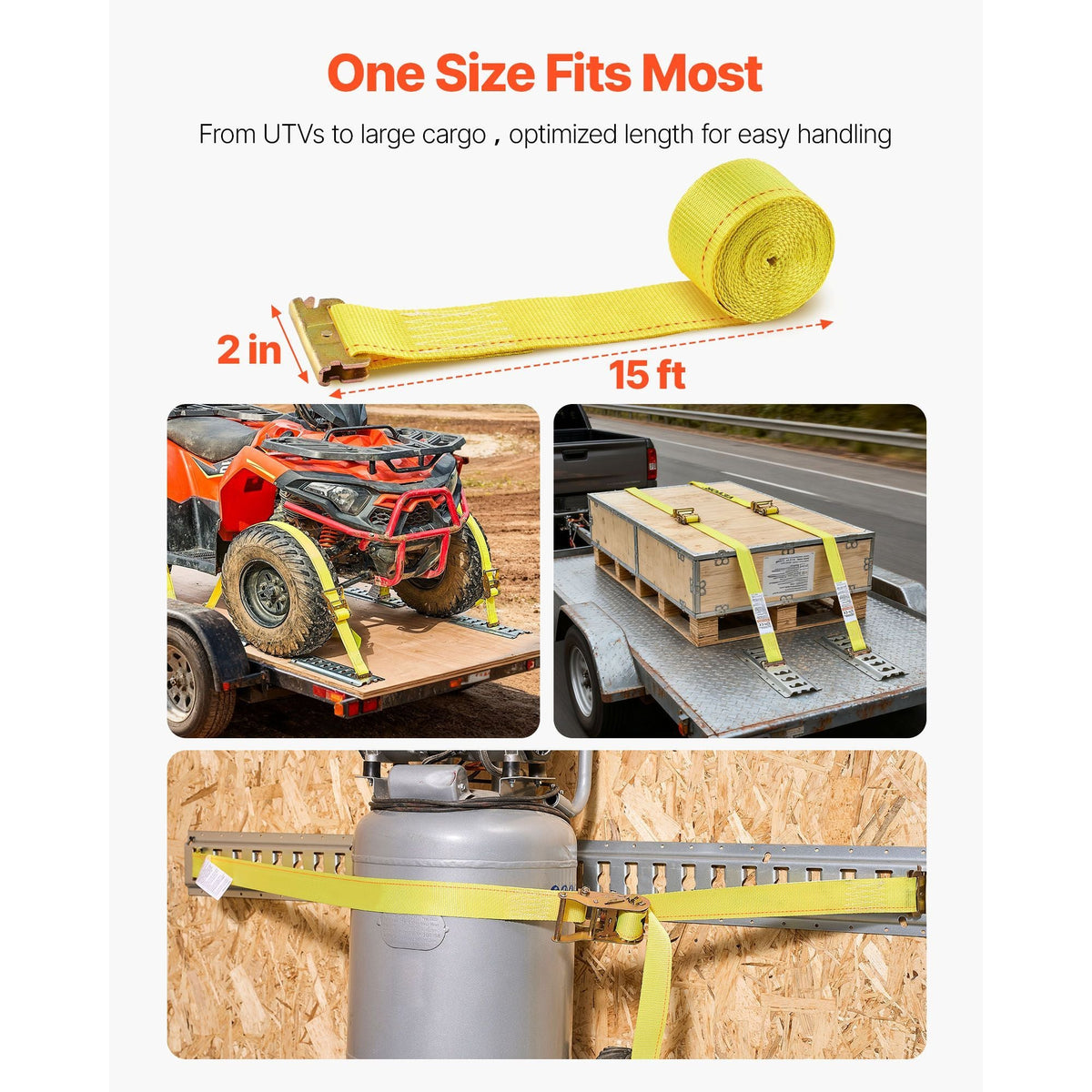 Ratchet Straps, 2 in x 15 ft, 30 Pack E-Track Tie Down Straps, 4400 lbs Break Strength & 1460 lbs Rated Load, Tie Down Ratcheting for Moving, Trailers, Motorcycles, Kayaks, Car Roof, Yellow