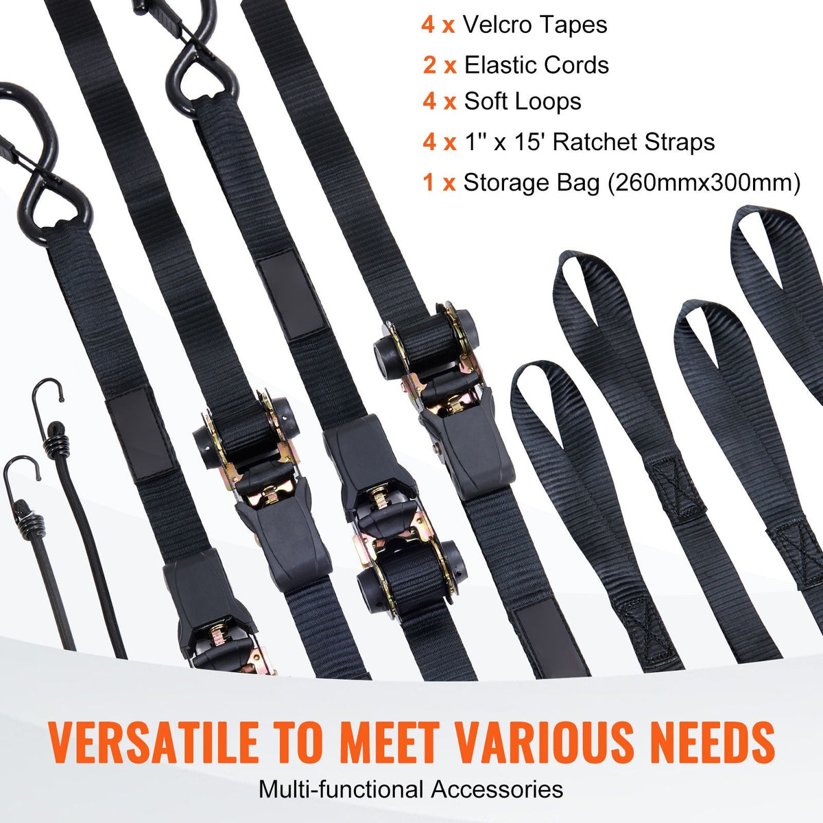 Ratchet Tie Down Straps (4PK), 2200 lb Max Break Strength, Includes 4 Premium 1" x 15' Rachet Tie Downs with Padded Handles, for Moving Securing Cargo, Appliances, Lawn Equipment, Motorcycle