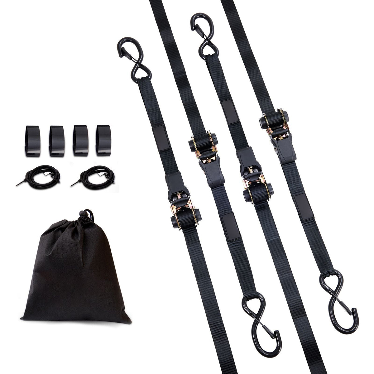 Ratchet Tie Down Straps (4PK), 2200 lb Max Break Strength, Includes 4 Premium 1" x 15' Rachet Tie Downs with Padded Handles, for Moving Securing Cargo, Appliances, Lawn Equipment, Motorcycle