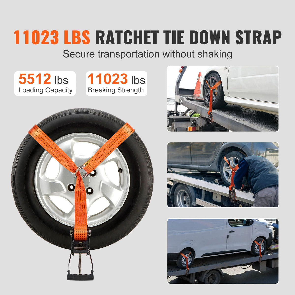 Ratchet Tie Down Straps Kit, Lasso Style 2" x 120" Tire Straps, 5512 LBS Working Load, 11023 LBS Breaking Strength, Car Tie Down Straps with Snap Hooks for Passenger Car, Truck, Trailer, 4-Pack