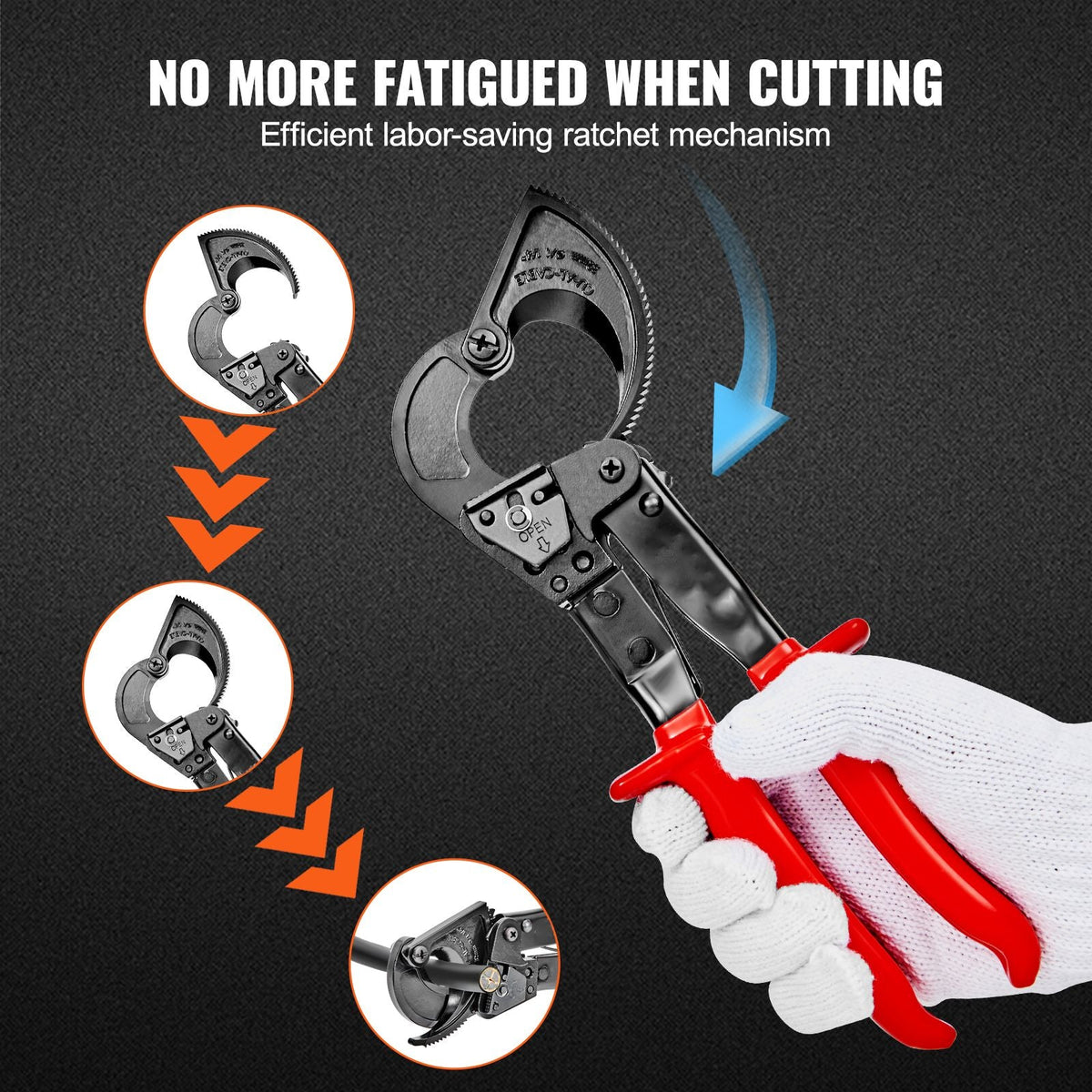 Ratcheting Cable Cutter, 10" Wire Cutter Heavy Duty with Gloves, Strong Silicon-Manganese Spring Steel Blade-for Cutting Up to 240 mm² /473 MCM Electrical Wire