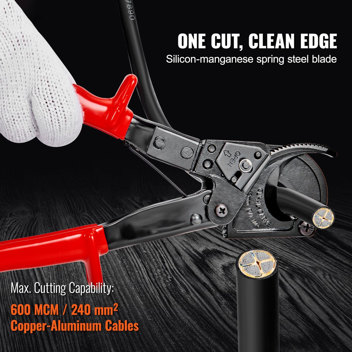 Ratcheting Cable Cutter, 10" Wire Cutter Heavy Duty with Gloves, Strong Silicon-Manganese Spring Steel Blade-for Cutting Up to 240 mm² /473 MCM Electrical Wire