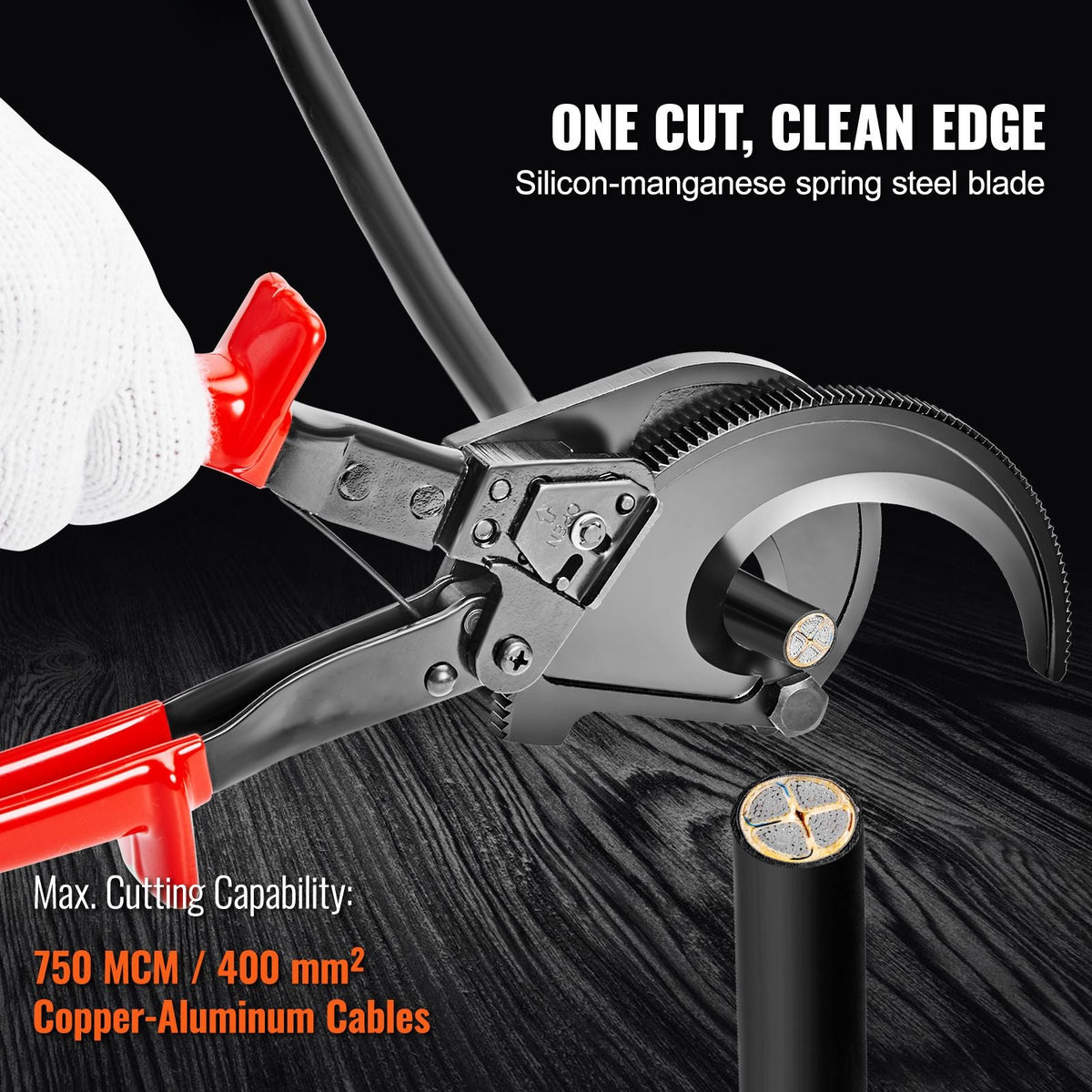 Ratcheting Cable Cutter, 11" Wire Cutter Heavy Duty with Gloves, Strong Silicon-Manganese Spring Steel Blade-for Cutting Up to 400 mm² / 780 MCM Electrical Wire