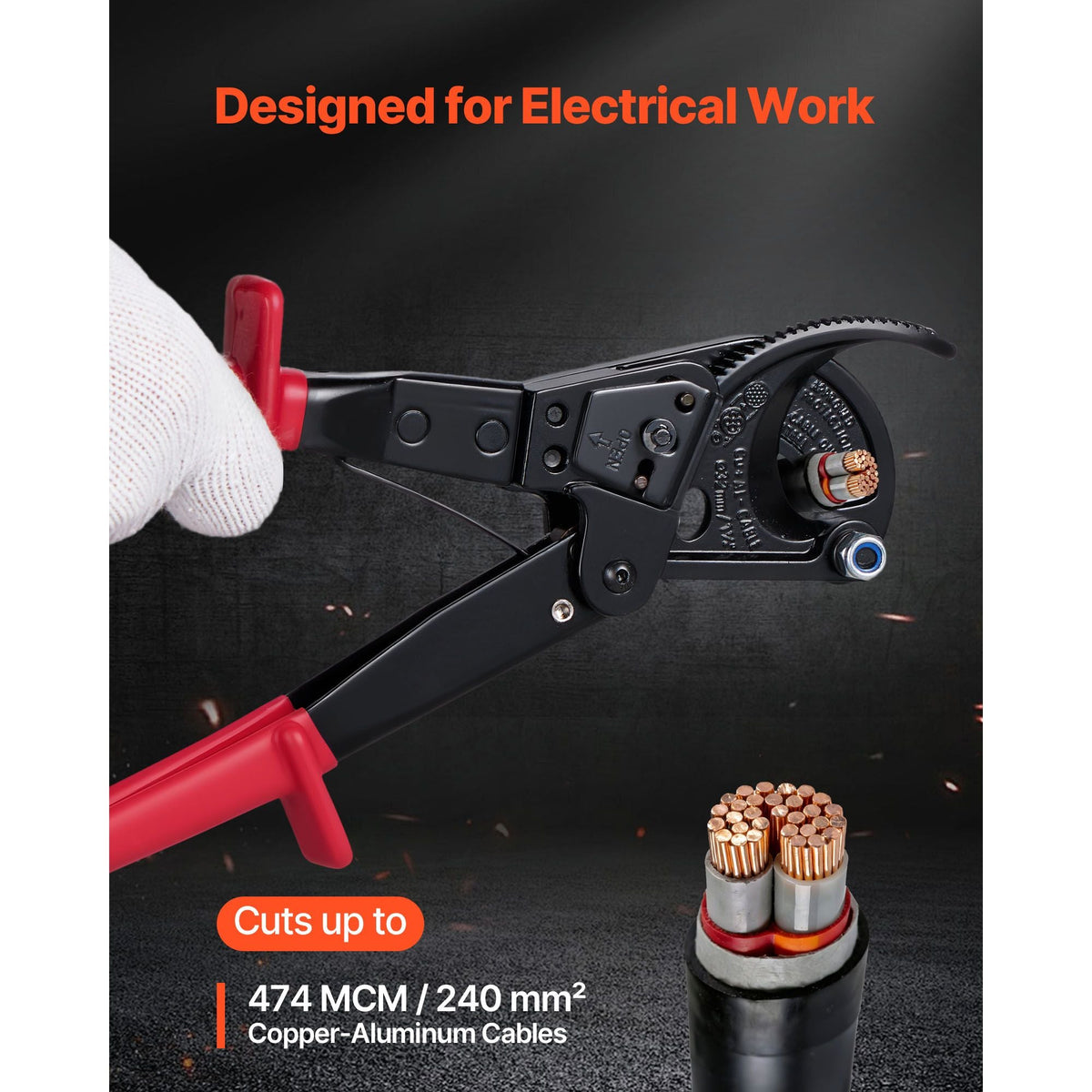 Ratcheting Cable Cutter, Spring Steel Blades with PVC-Coated Handles, Quick-Release Button, Heavy Duty Ratchet Cable Wire Cutter for Cutting Copper & Aluminum Cables Up to 474 MCM / 240 mm²