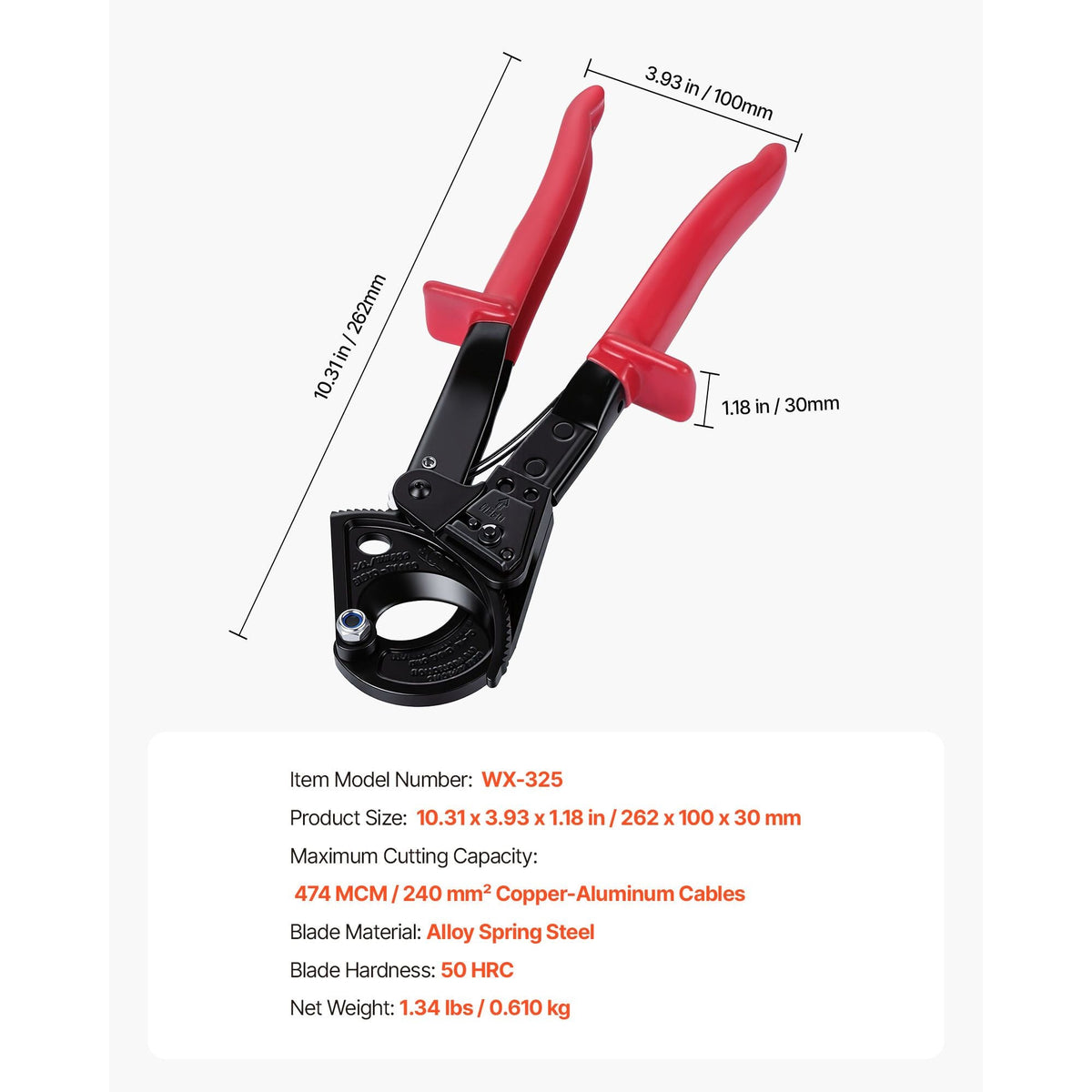 Ratcheting Cable Cutter, Spring Steel Blades with PVC-Coated Handles, Quick-Release Button, Heavy Duty Ratchet Cable Wire Cutter for Cutting Copper & Aluminum Cables Up to 474 MCM / 240 mm²