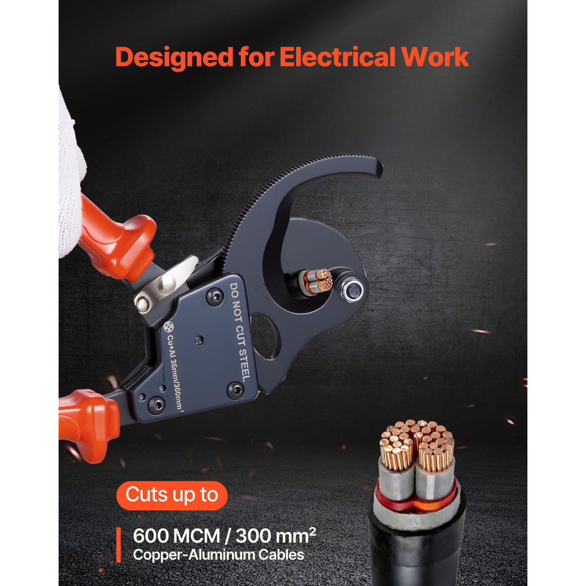 Ratcheting Cable Cutter, Spring Steel Blades with PVC-Coated Handles, Quick-Release Button, Heavy Duty Ratchet Cable Wire Cutter for Cutting Copper & Aluminum Cables Up to 600 MCM / 300 mm²