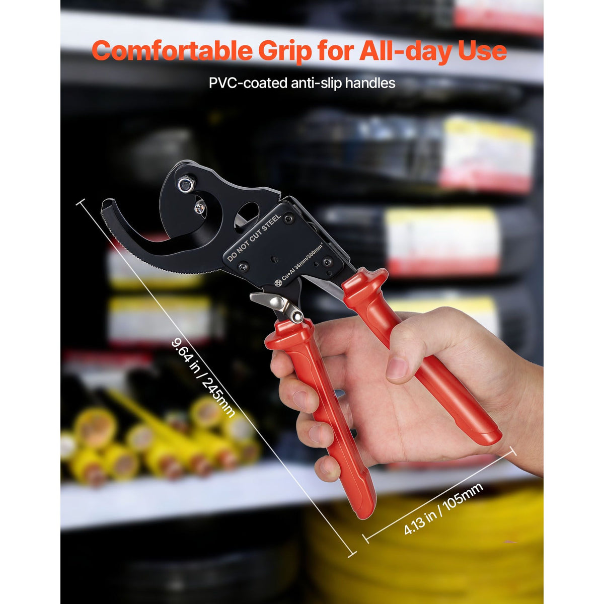 Ratcheting Cable Cutter, Spring Steel Blades with PVC-Coated Handles, Quick-Release Button, Heavy Duty Ratchet Cable Wire Cutter for Cutting Copper & Aluminum Cables Up to 600 MCM / 300 mm²