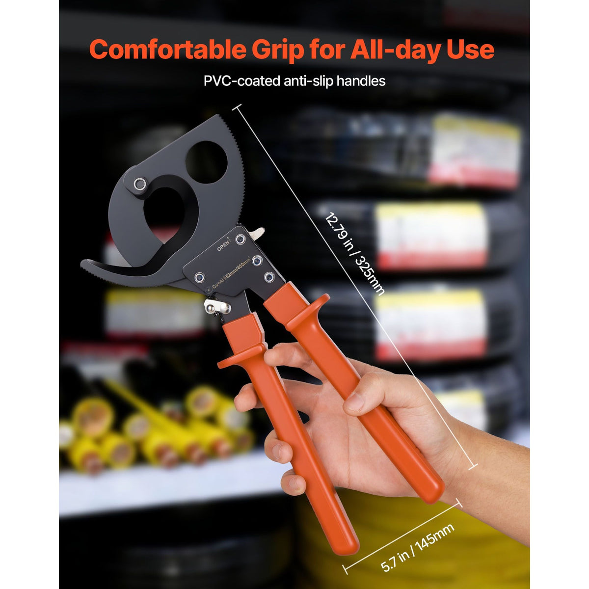 Ratcheting Cable Cutter, Spring Steel Blades with PVC-Coated Handles, Quick-Release Button, Heavy Duty Ratchet Cable Wire Cutter for Cutting Copper & Aluminum Cables Up to 800 MCM / 400 mm²