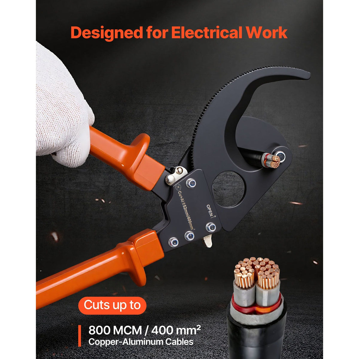 Ratcheting Cable Cutter, Spring Steel Blades with PVC-Coated Handles, Quick-Release Button, Heavy Duty Ratchet Cable Wire Cutter for Cutting Copper & Aluminum Cables Up to 800 MCM / 400 mm²