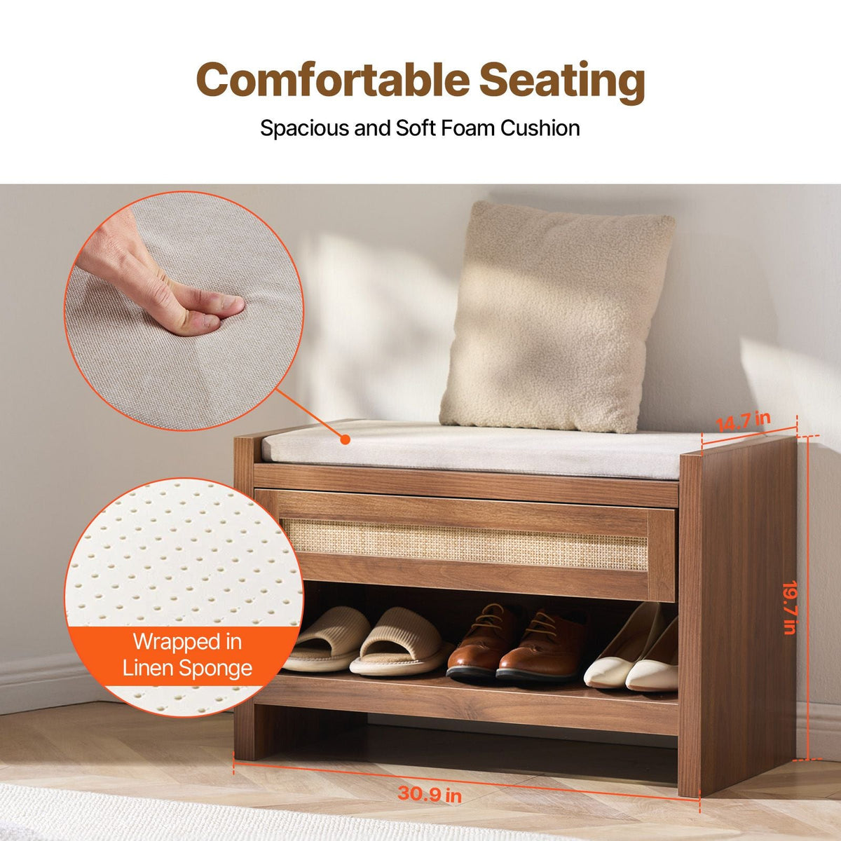 Rattan Bench, 30.9" Rattan Shoe Bench, Entryway Bench with Storage Drawer and Linen Seat Cushion, Farmhouse Boho Bench with Hand Woven Rattan, for Entryway, Bedroom, Living Room, Kitchen