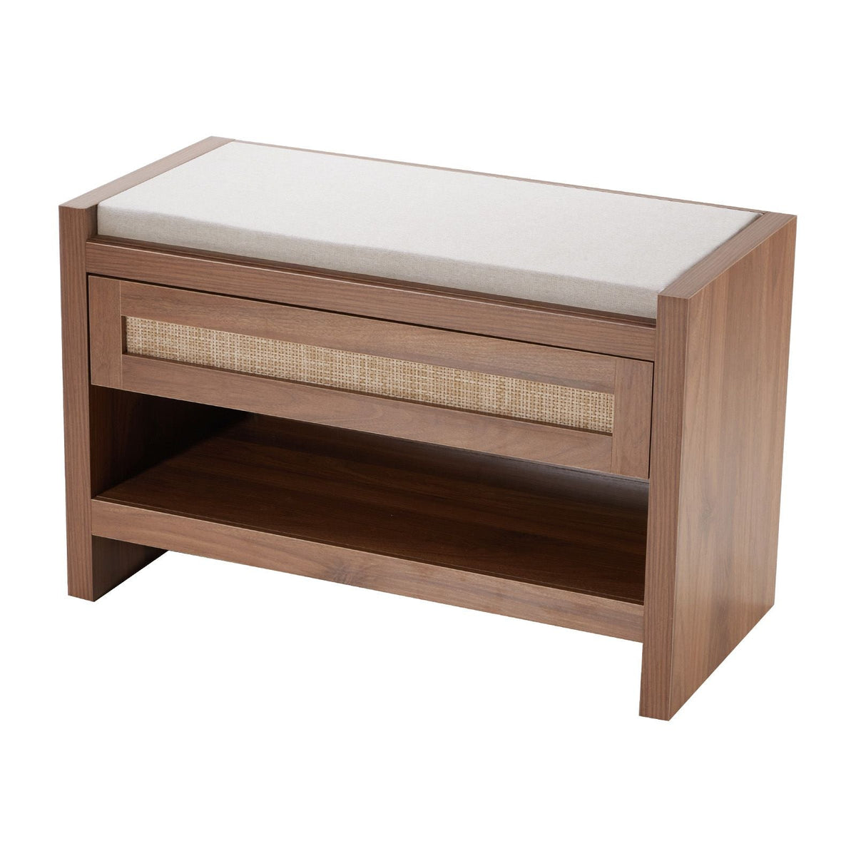 Rattan Bench, 30.9" Rattan Shoe Bench, Entryway Bench with Storage Drawer and Linen Seat Cushion, Farmhouse Boho Bench with Hand Woven Rattan, for Entryway, Bedroom, Living Room, Kitchen