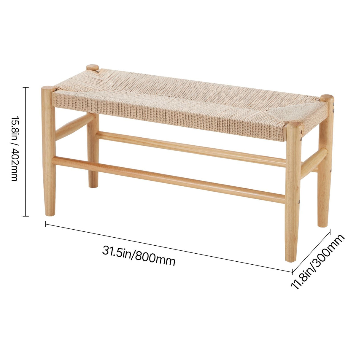 Rattan Bench, 31.5" Wooden Rattan Bench, Entrywway Bench with Oak Wood Legs, Bedroom End of Bed Boho Bench with Hand Woven Rattan, for Living Room, Kitchen