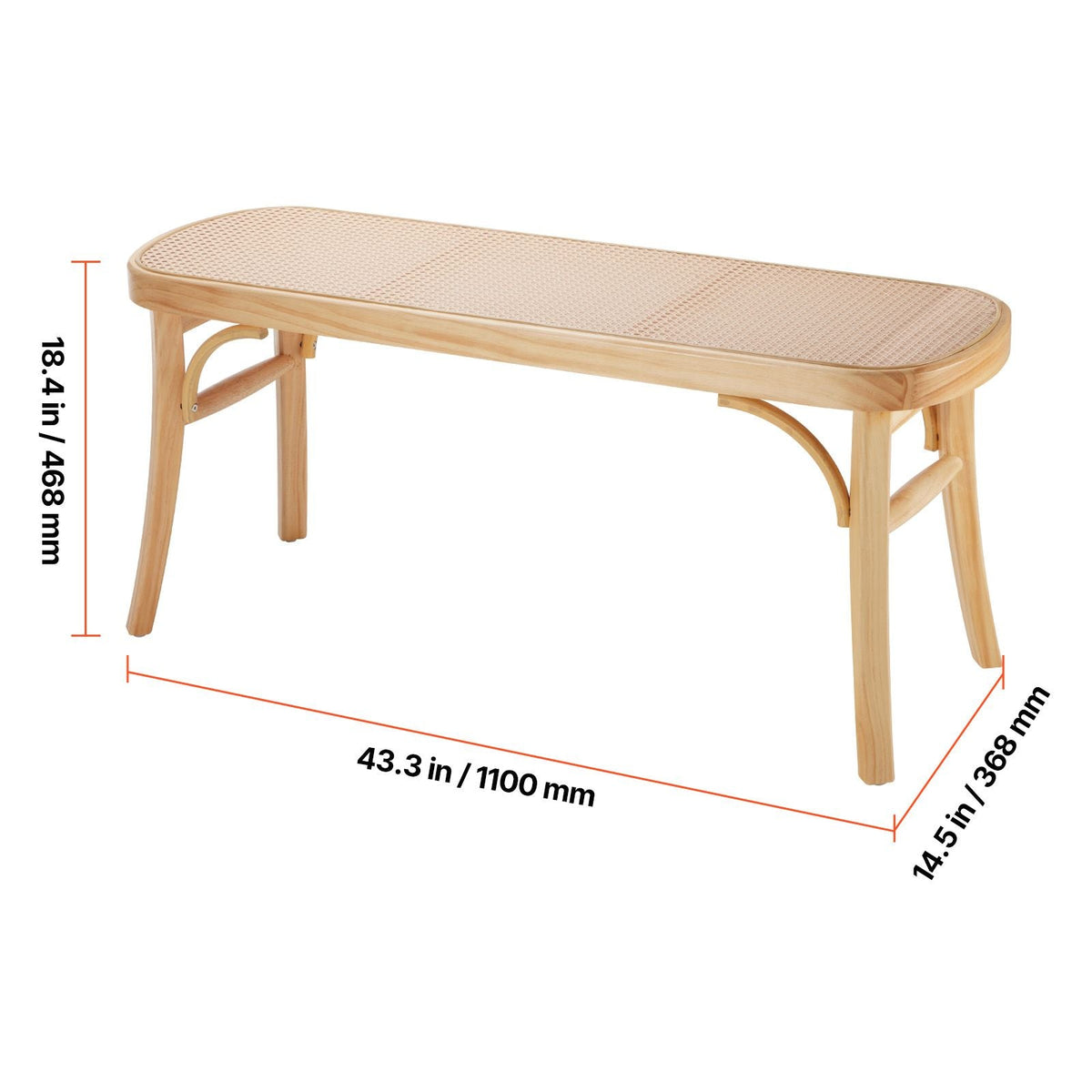 Rattan Bench, 43.3" Wooden Rattan Bench, Entrywway Bench with Oak Wood Legs, Bedroom End of Bed Boho Bench with Hand Woven Rattan, for Living Room, Kitchen