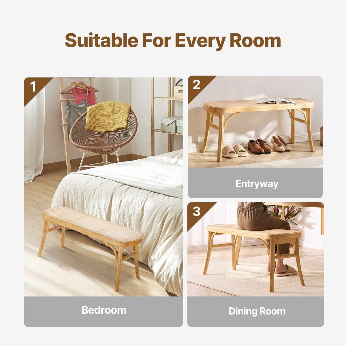 Rattan Bench, 43.3" Wooden Rattan Bench, Entrywway Bench with Oak Wood Legs, Bedroom End of Bed Boho Bench with Hand Woven Rattan, for Living Room, Kitchen