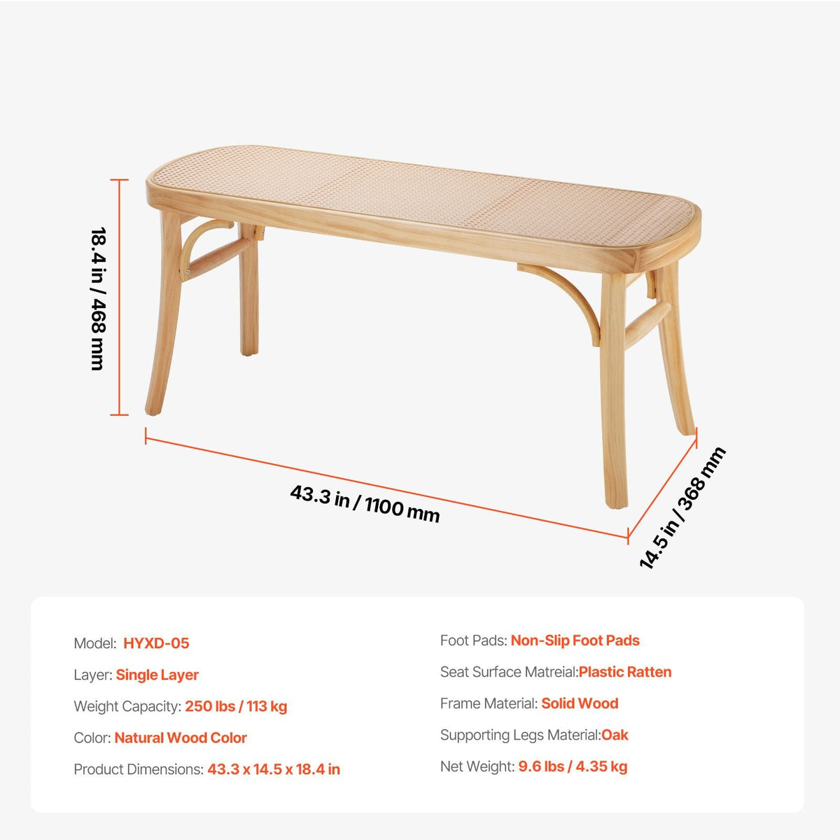 Rattan Bench, 43.3" Wooden Rattan Bench, Entrywway Bench with Oak Wood Legs, Bedroom End of Bed Boho Bench with Hand Woven Rattan, for Living Room, Kitchen