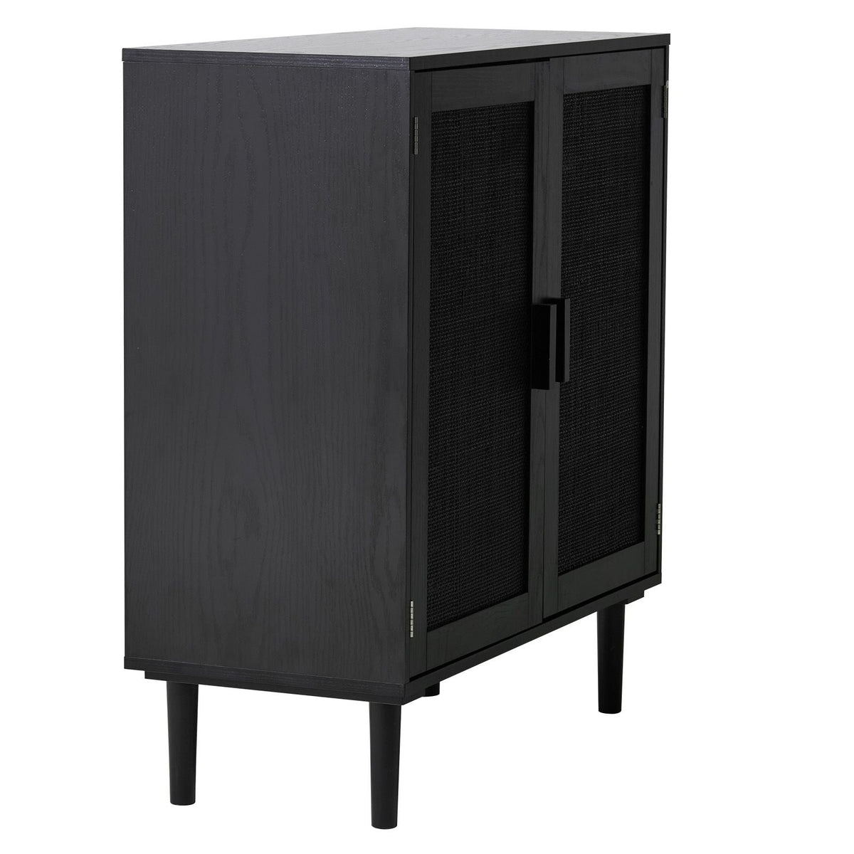 Rattan Cabinet, Rattan Storage Cabinet with 2 Magnetic Doors and Adjustable Shelves, Accent Sideboard Buffet with Wooden Legs & Power Cord Hole for Hallway, Entryway, Living Room, Kitchen, Black