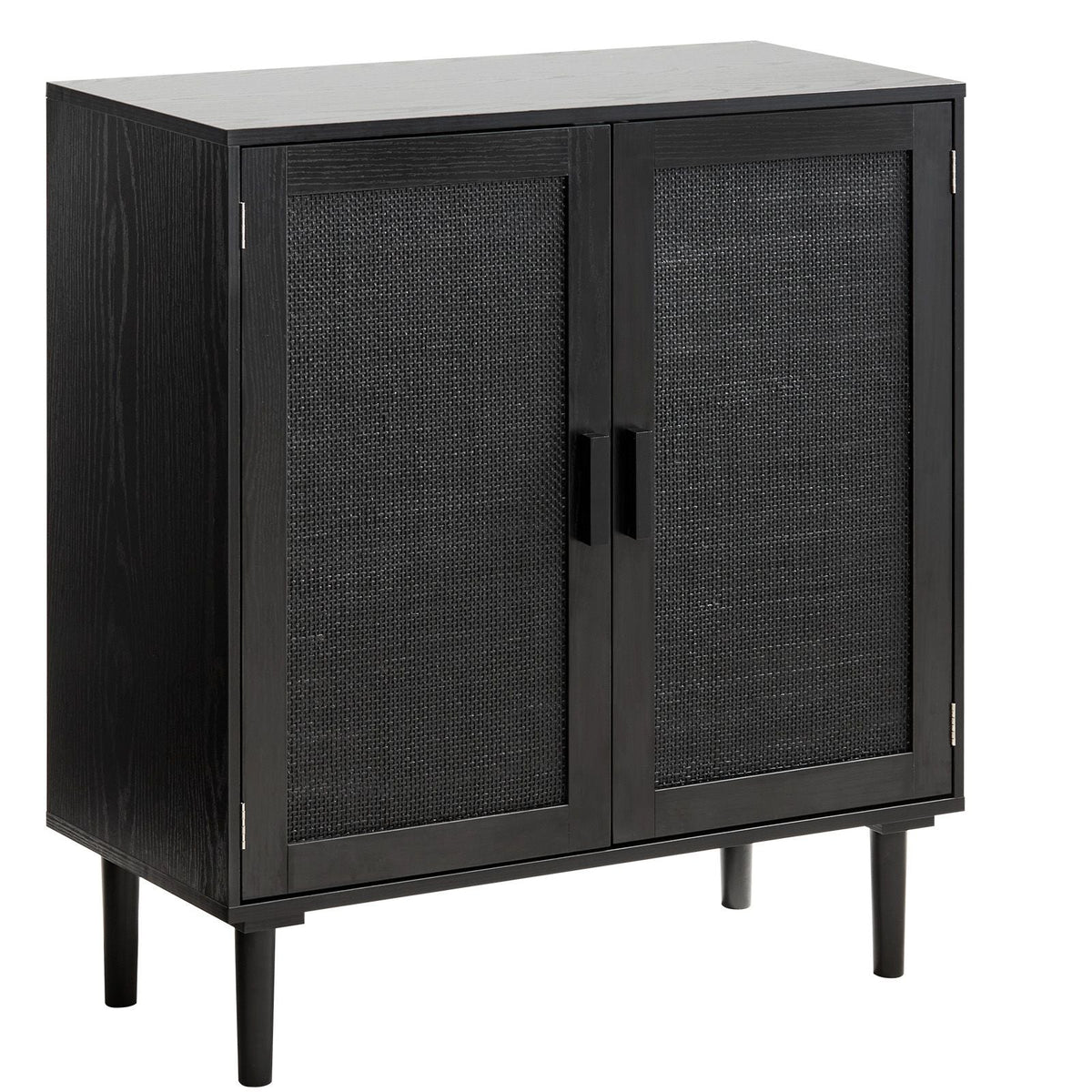 Rattan Cabinet, Rattan Storage Cabinet with 2 Magnetic Doors and Adjustable Shelves, Accent Sideboard Buffet with Wooden Legs & Power Cord Hole for Hallway, Entryway, Living Room, Kitchen, Black