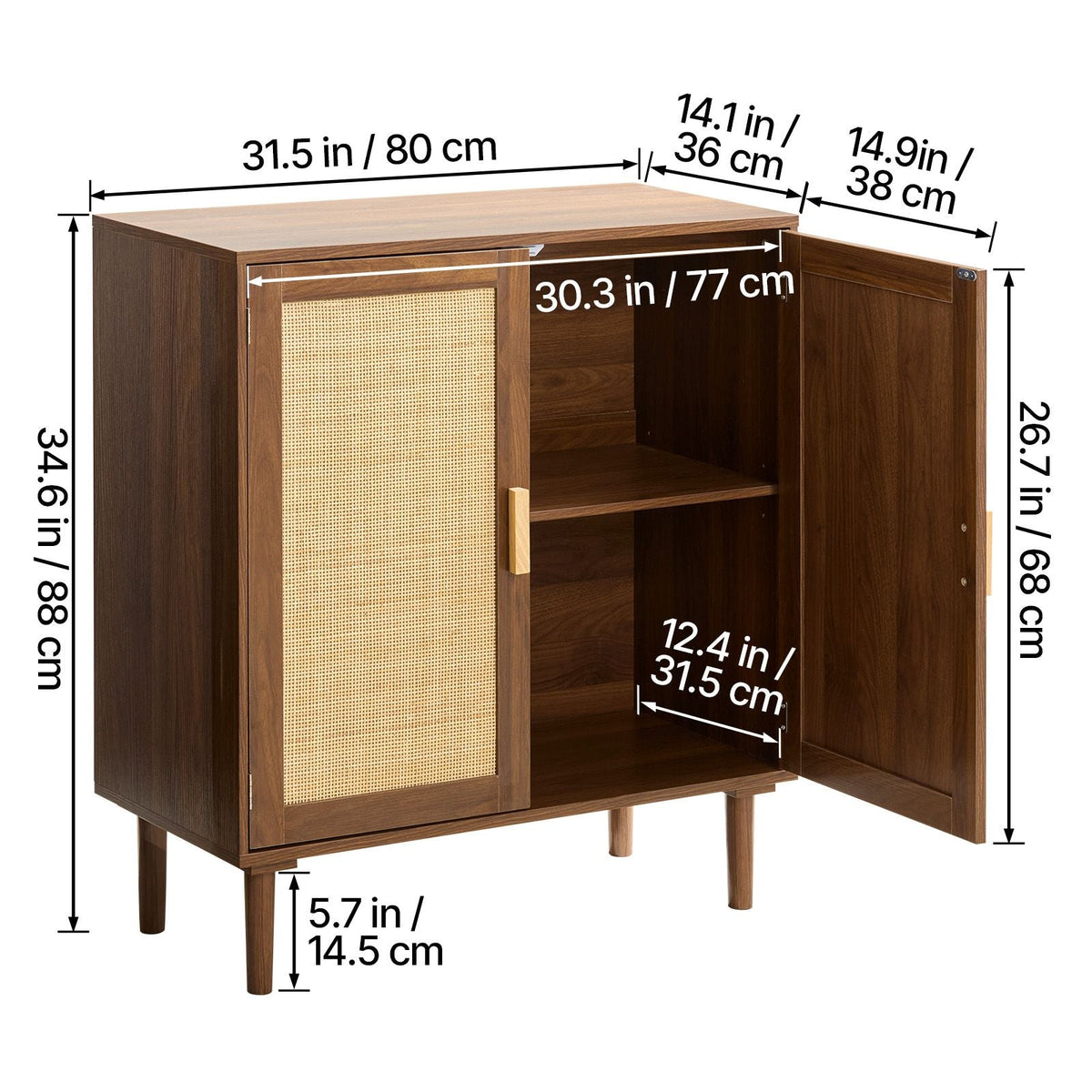 Rattan Cabinet, Rattan Storage Cabinet with 2 Magnetic Doors and Adjustable Shelves, Accent Sideboard Buffet with Wooden Legs & Power Cord Hole for Hallway, Entryway, Living Room, Kitchen, Khaki