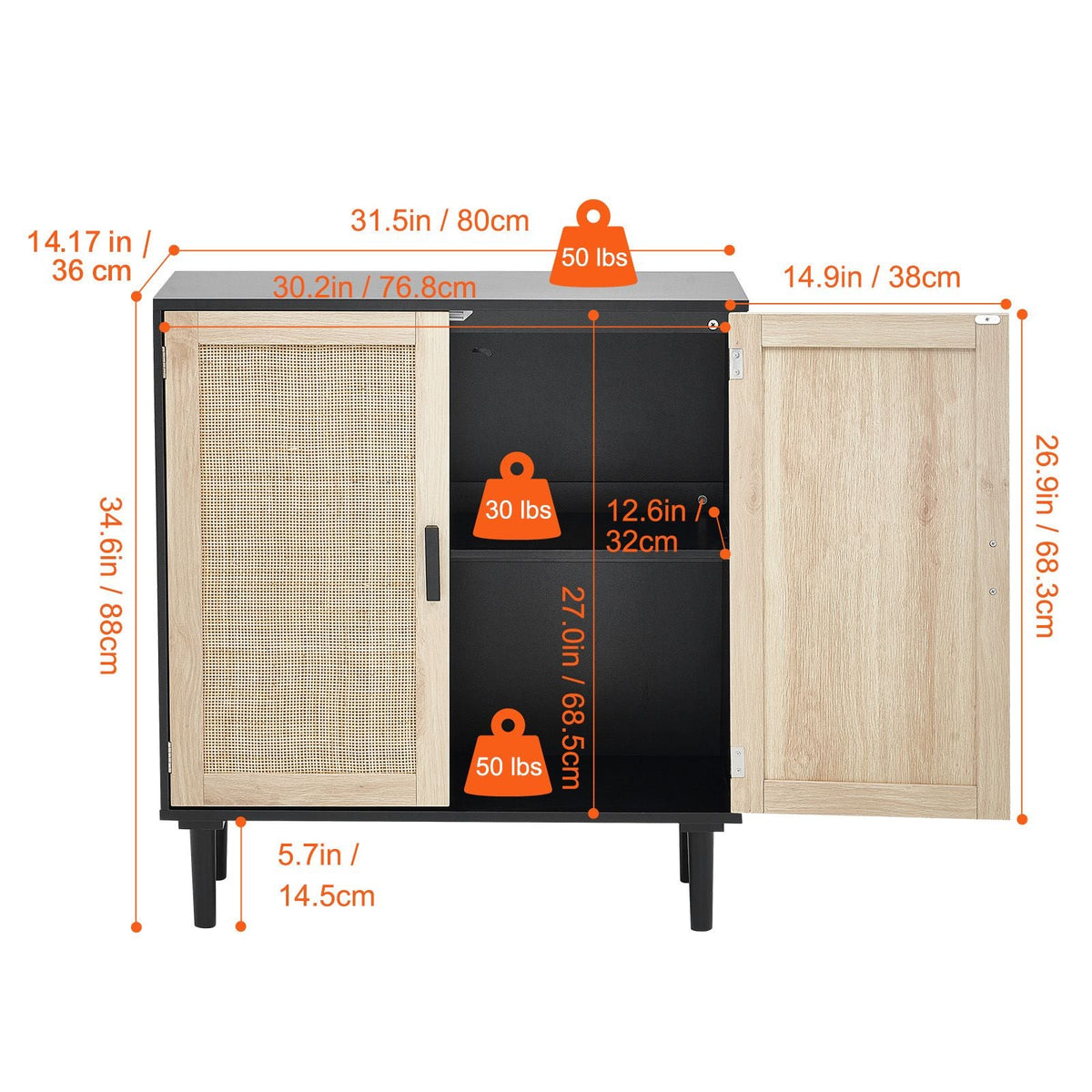 Rattan Cabinet, Rattan Storage Cabinet with 2 Magnetic Doors and Adjustable Shelves, Sideboard Buffet Cabinet for Hallway, Entryway, Living Room, or Kitchen, Black