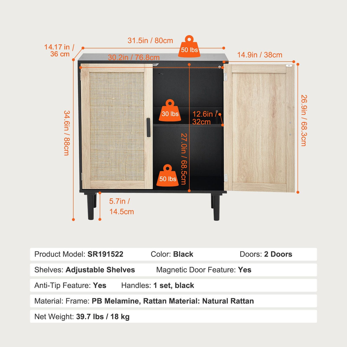 Rattan Cabinet, Rattan Storage Cabinet with 2 Magnetic Doors and Adjustable Shelves, Sideboard Buffet Cabinet for Hallway, Entryway, Living Room, or Kitchen, Black